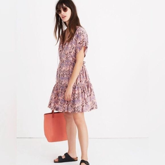 Madewell Dresses & Skirts - Madewell Womens Small Pink Oasis Palms Floral Tiered Button Dress Cotton Lyocell